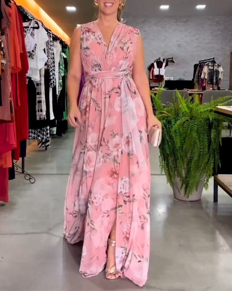 Floral print V-neck elegant sleeveless dress