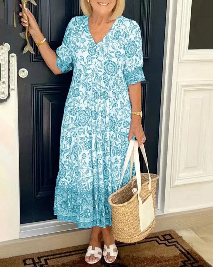 Deep V Half Sleeve Boho Tunic Dress