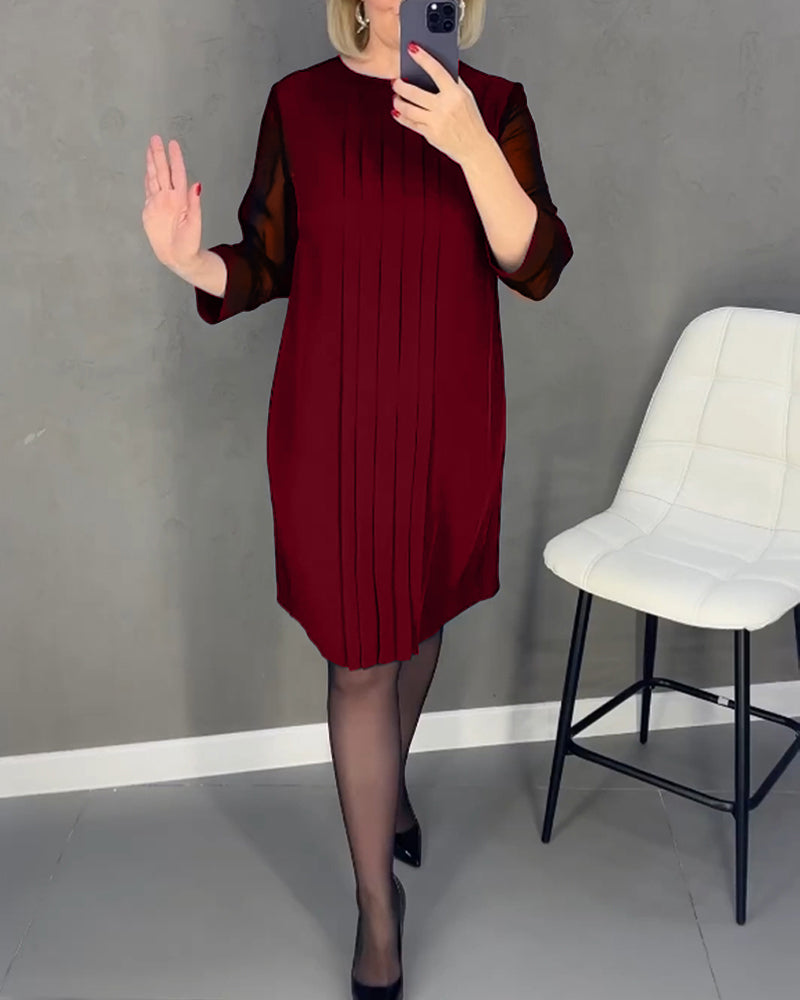 Pleated patchwork mesh solid color dress