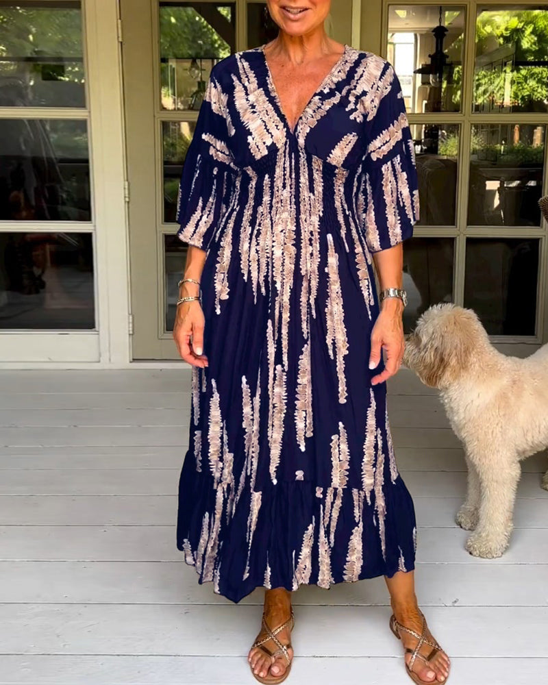 Boho Style V-Neck Three Quarter Dress
