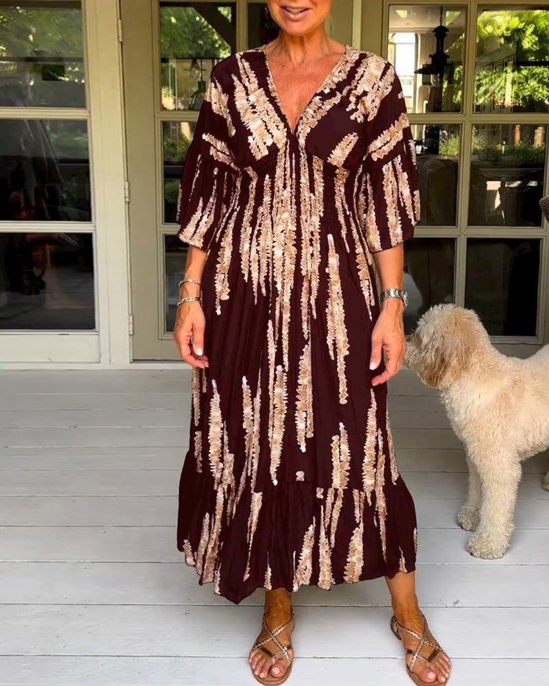 Boho Style V-Neck Three Quarter Dress