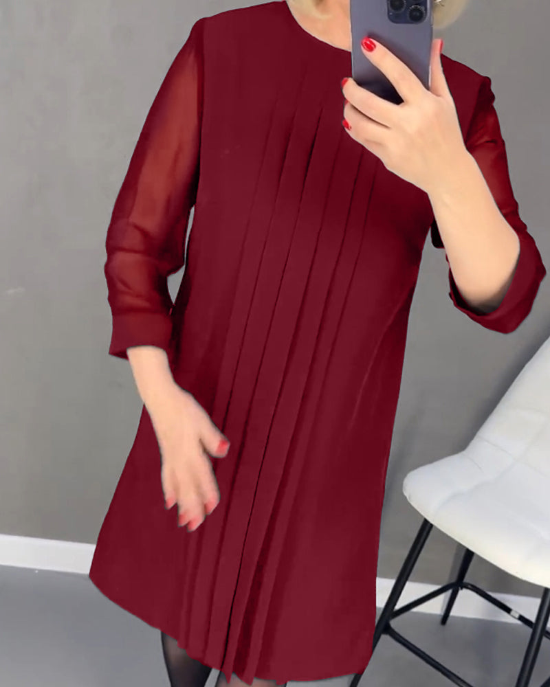 Pleated patchwork mesh solid color dress
