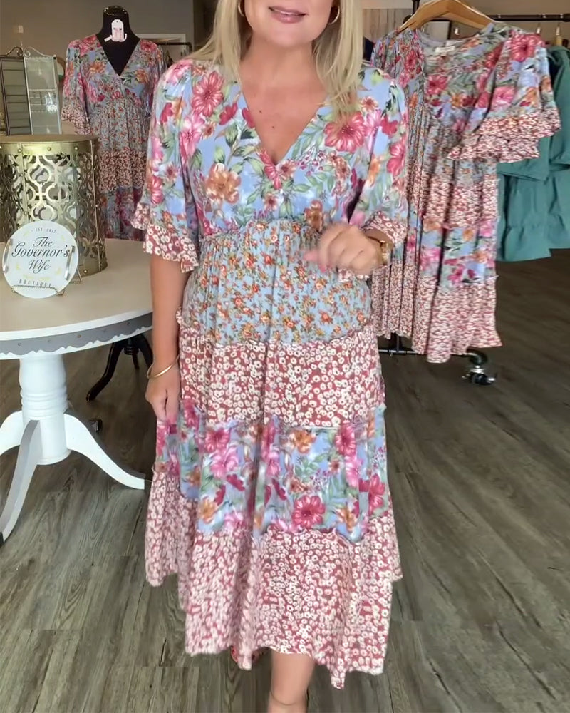 V-Neck Lotus Hem Floral Dress