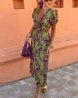 Elegant leaf print deep V puff sleeve A-line dress