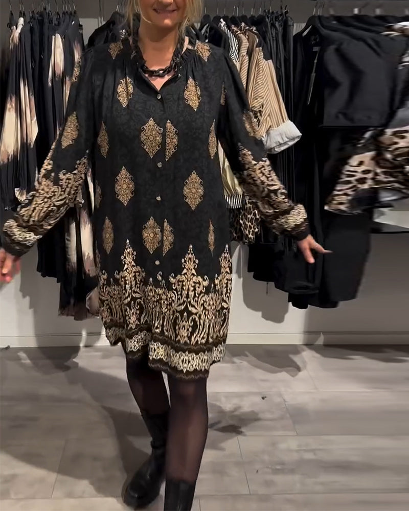 Lapel Button Down Vintage Print Dress