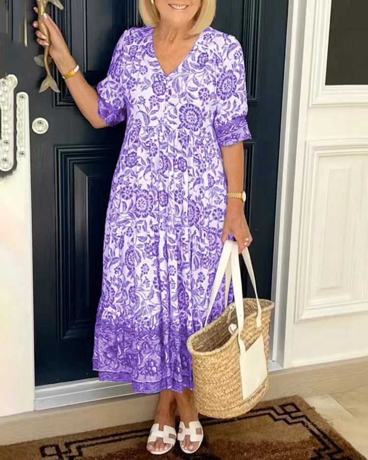 Deep V Half Sleeve Boho Tunic Dress