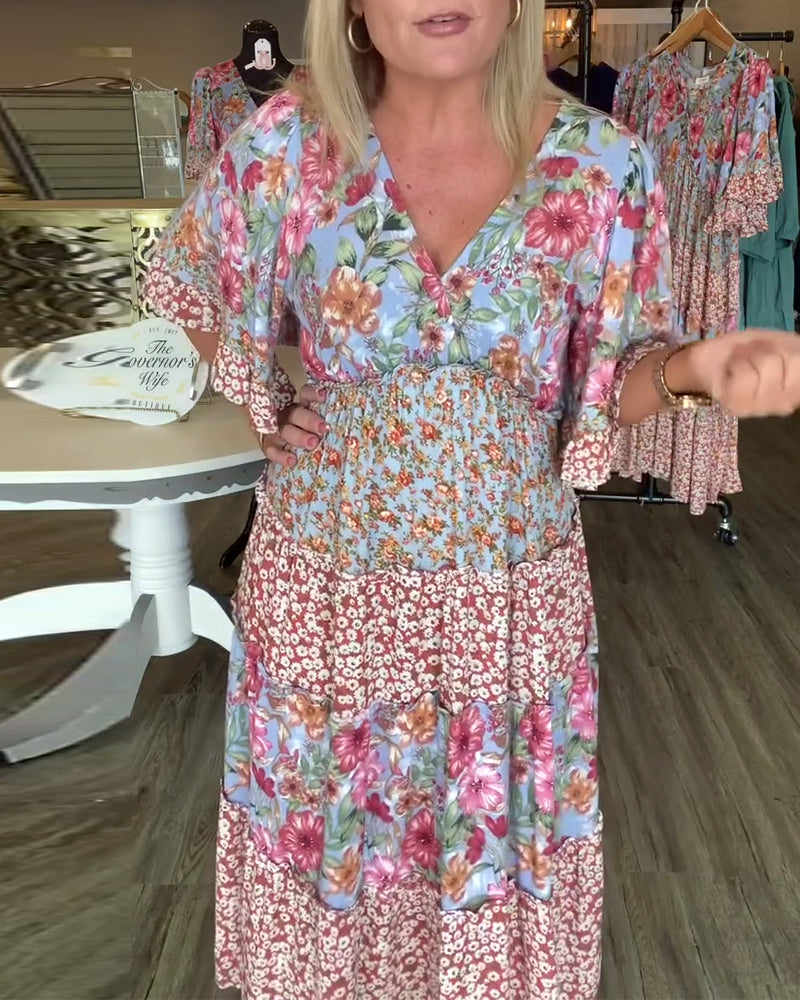 V-Neck Lotus Hem Floral Dress
