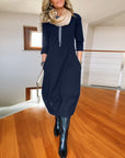 Elegant solid color round neck pocket dress