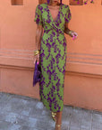 Elegant leaf print deep V puff sleeve A-line dress