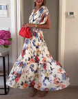 Colorful floral print pleated elegant dress