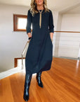 Elegant solid color round neck pocket dress