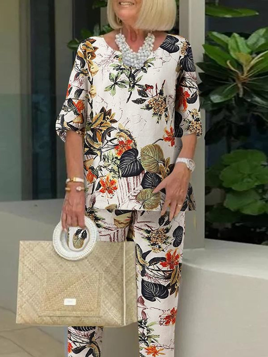 Floral Print Round Neck Two-Piece Set