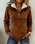 Half-Zip Asymmetric Fringe Sweatshirt