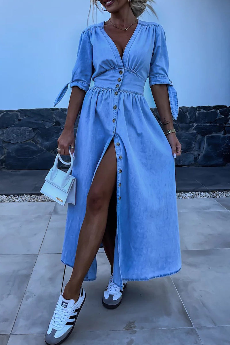 Stylish Solid Color Denim Dress Women