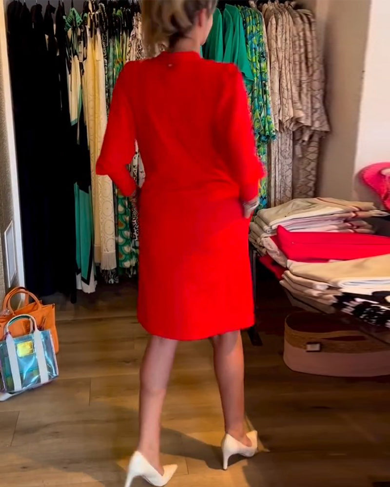 Solid color V-neck Long Sleeve Dress