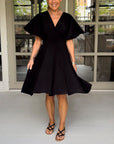 Solid color V-neck waisted butterfly sleeve casual dress