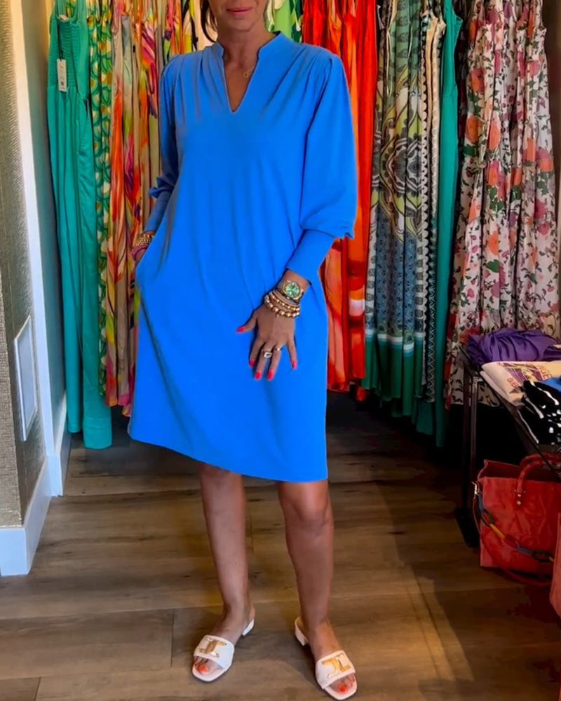 Solid color V-neck Long Sleeve Dress