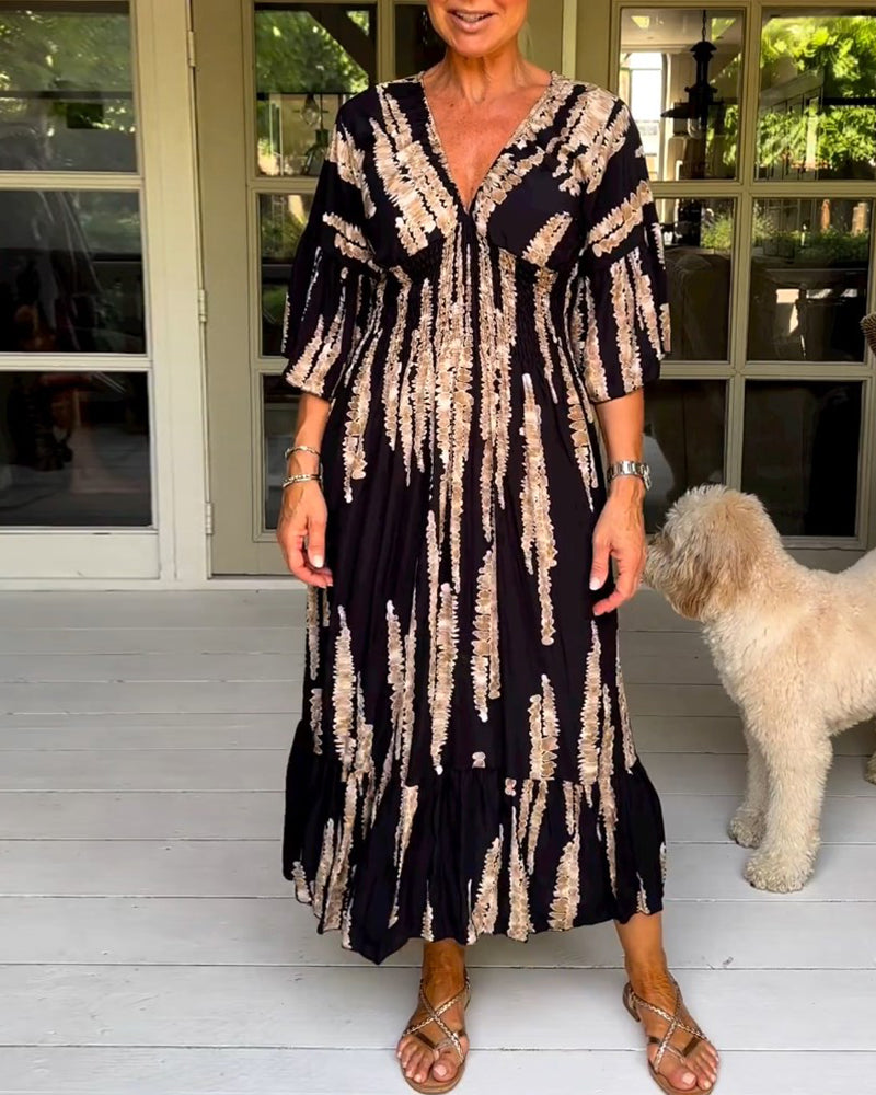 Boho Style V-Neck Three Quarter Dress