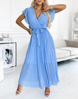 Solid color ruffled sleeves V-neck elegant dress