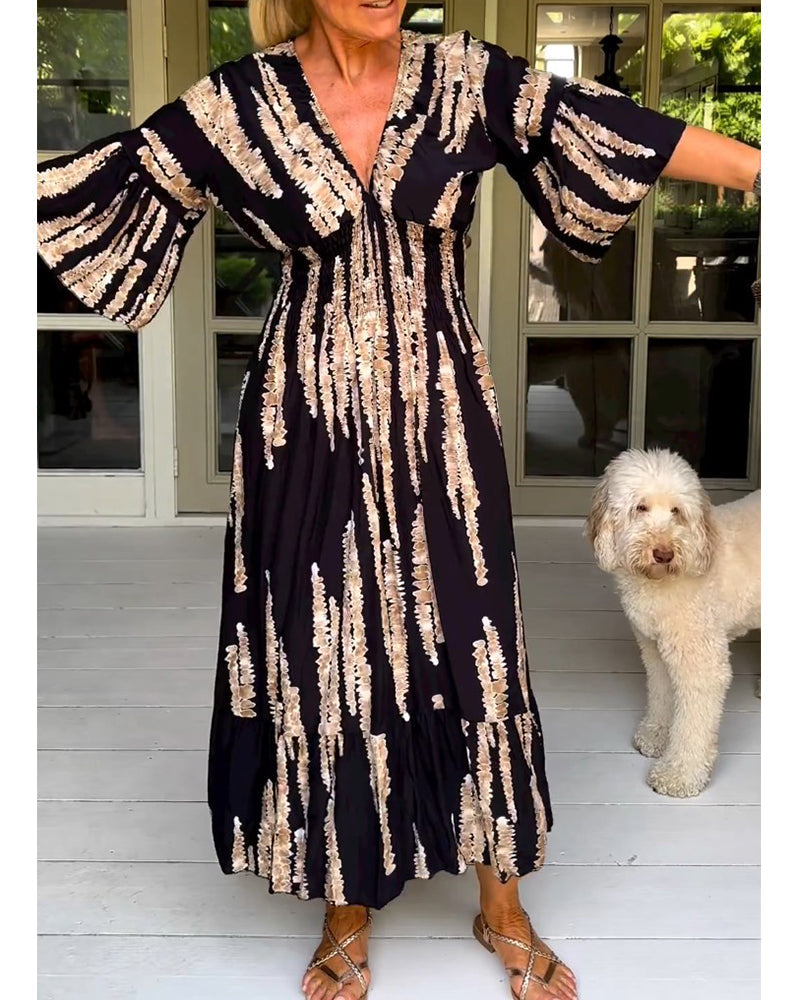 Boho Style V-Neck Three Quarter Dress