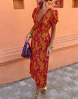 Elegant leaf print deep V puff sleeve A-line dress