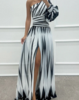 Elegant Striped One Shoulder Maxi Dress