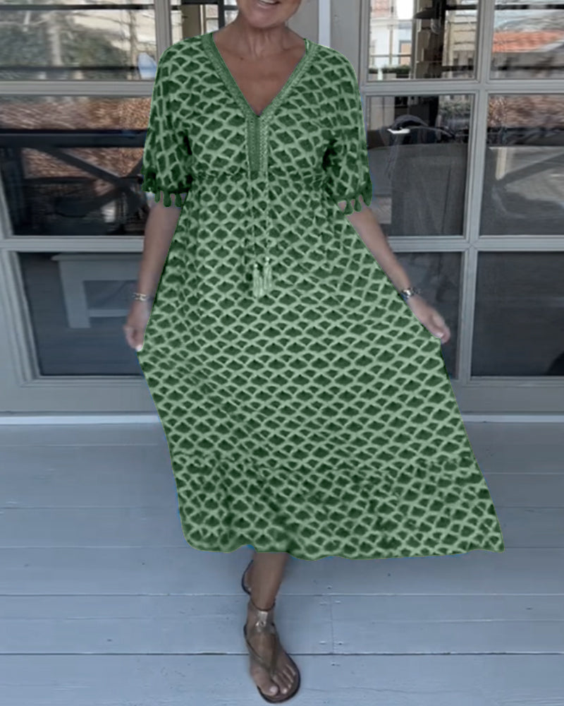 Printed V-Neck Casual Dress with Easy Fit