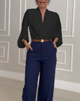 Fashion solid color V-neck lantern sleeve blouse