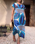 Leaf print short sleeve slit dress