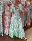 Women's V-neck leaf print maxi dress