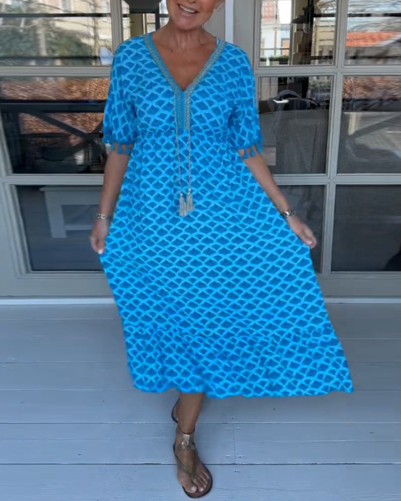 Printed V-Neck Casual Dress with Easy Fit