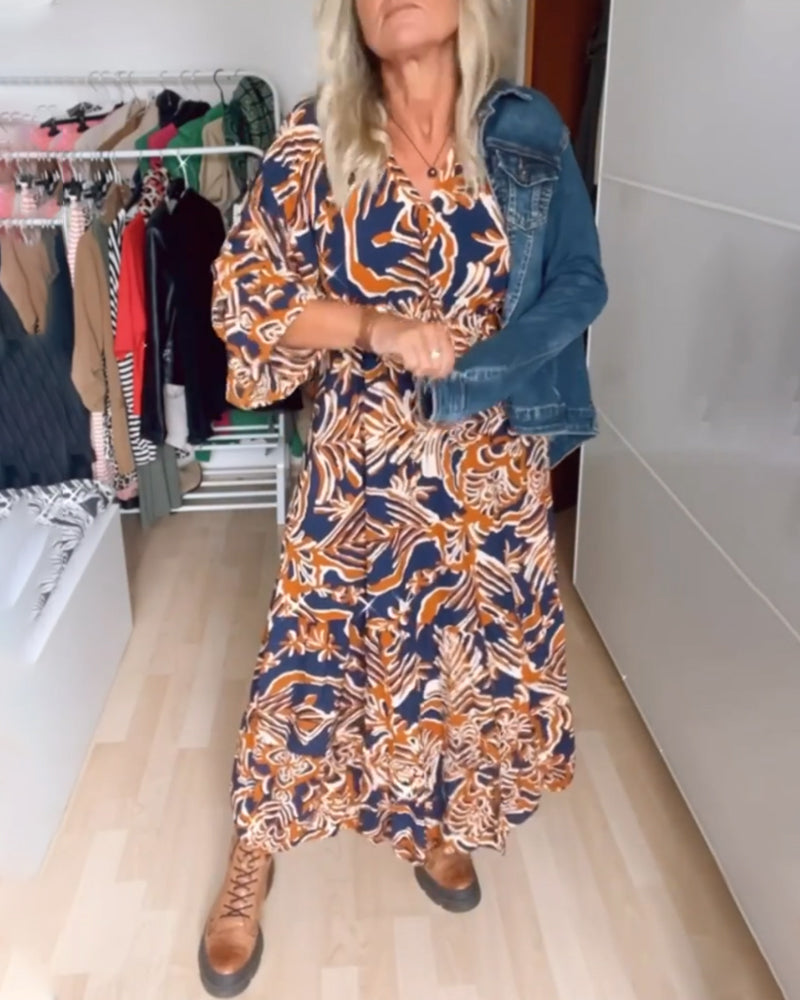 Flowy Printed Maxi Dress with V-Neckline
