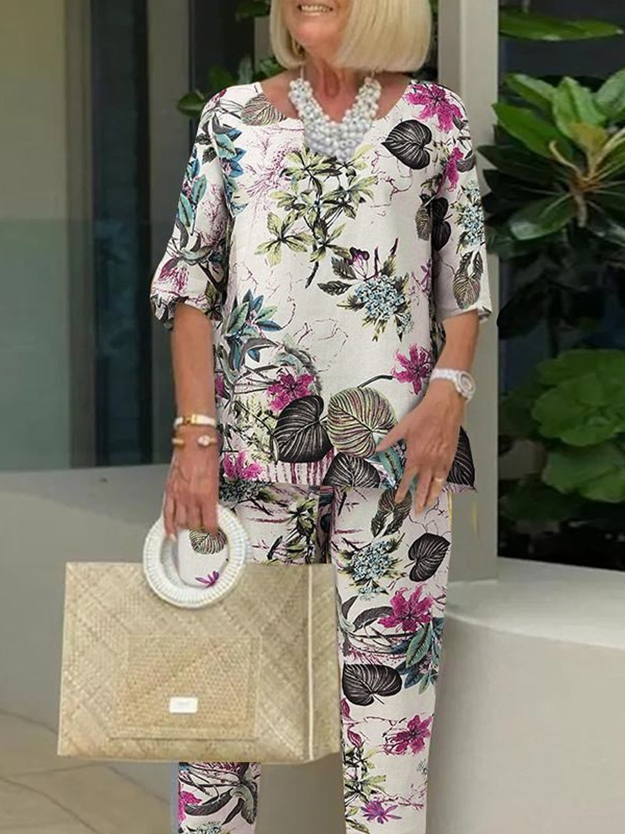 Floral Print Round Neck Two-Piece Set