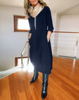 Elegant solid color round neck pocket dress