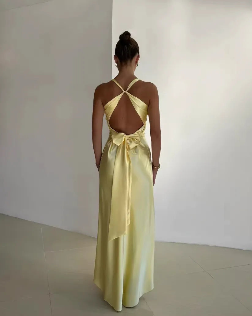 V-Neck Satin Bow Backless Maxi Dress