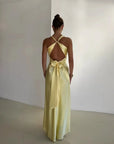 V-Neck Satin Bow Backless Maxi Dress