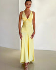 V-Neck Satin Bow Backless Maxi Dress