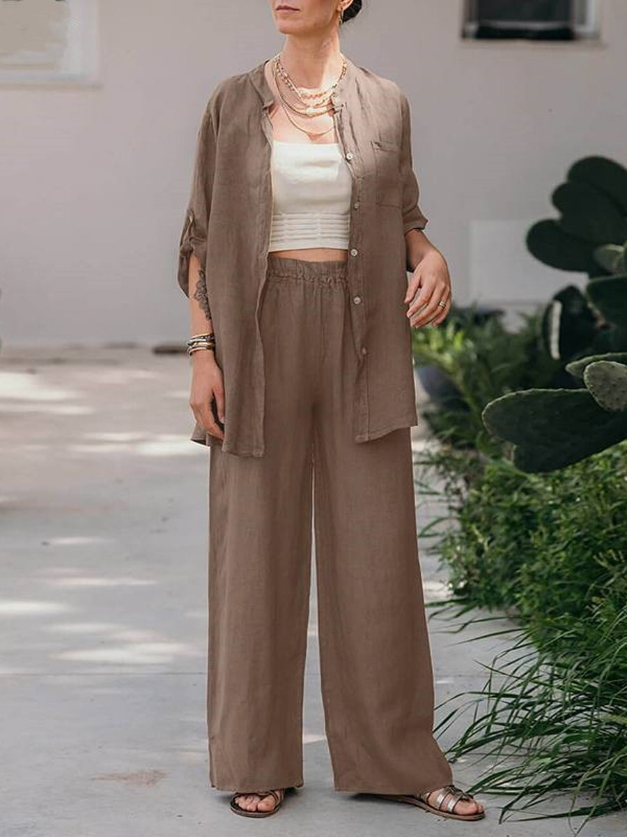 Long Sleeve Shirt Top Pants Two Piece-Set