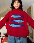 Playful Fish Print Knit Sweater