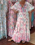 Women's V-neck leaf print maxi dress