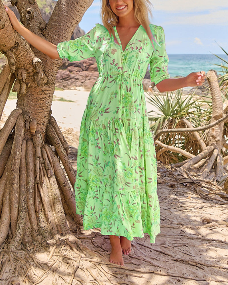 V-Neck Floral Short-Sleeve Dress