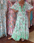 Women's V-neck leaf print maxi dress