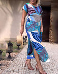 Leaf print short sleeve slit dress