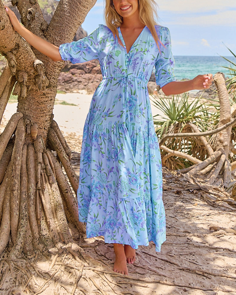 V-Neck Floral Short-Sleeve Dress