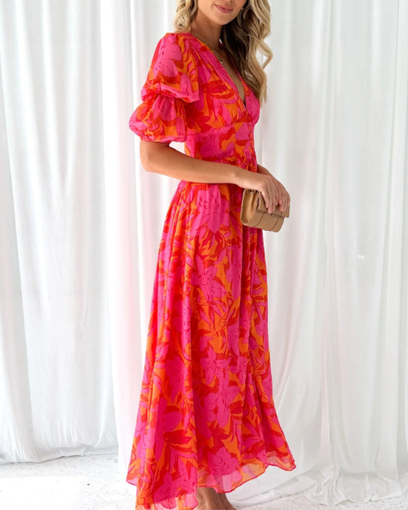 Puff sleeve printed deep V elegant dress