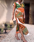 Leaf print short sleeve slit dress
