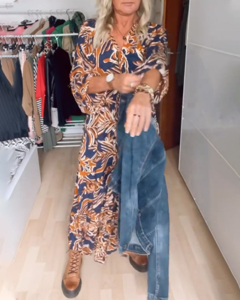 Flowy Printed Maxi Dress with V-Neckline