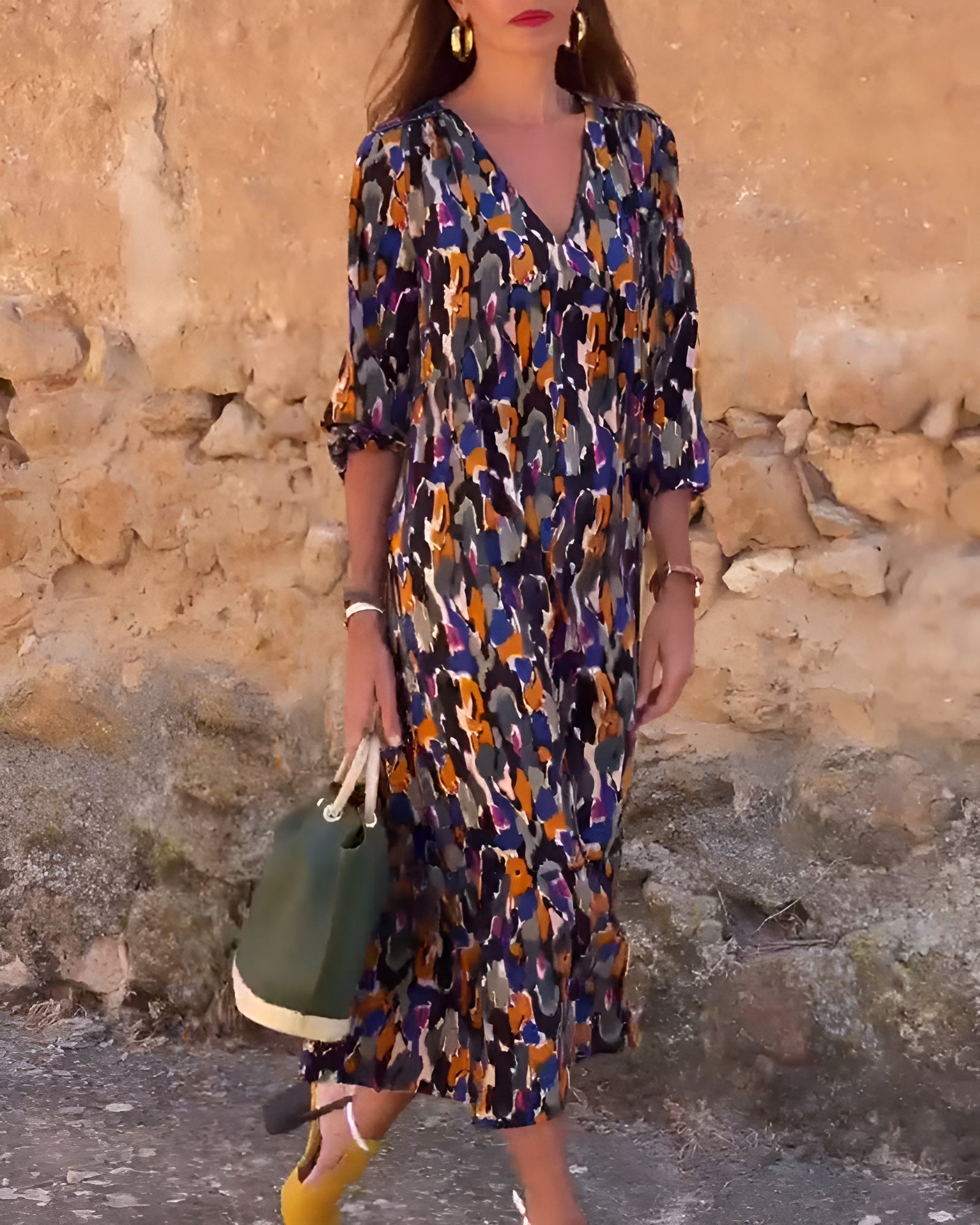 Retro Printed V-Neck Dress