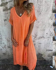 Cotton and Linen V-neck Midi Dress