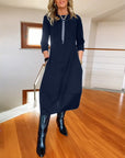 Elegant solid color round neck pocket dress